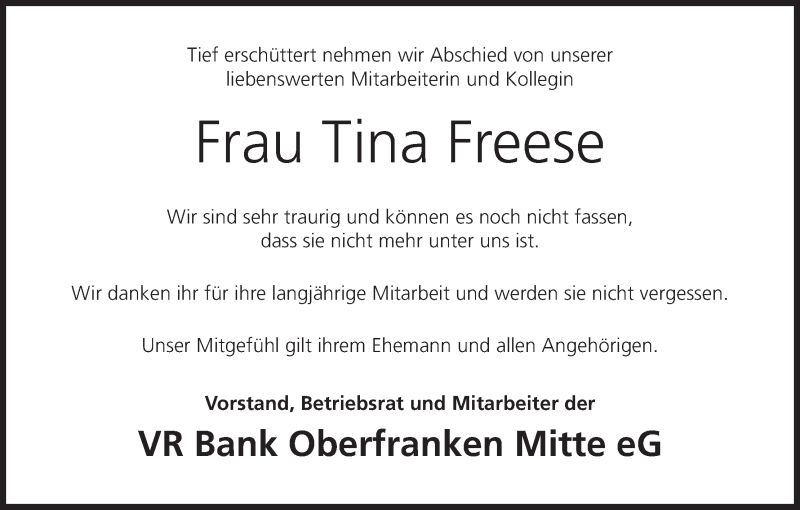  Traueranzeige für Tina Freese vom 05.06.2019 aus MGO