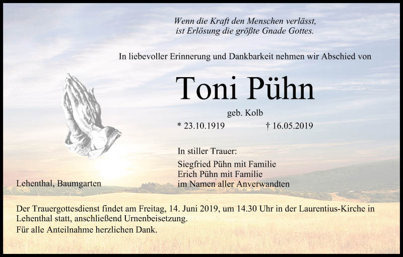  Traueranzeige für Toni Pühn vom 08.06.2019 aus MGO
