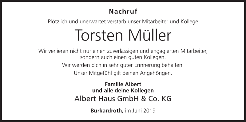 Traueranzeige für Torsten Müller vom 14.06.2019 aus MGO