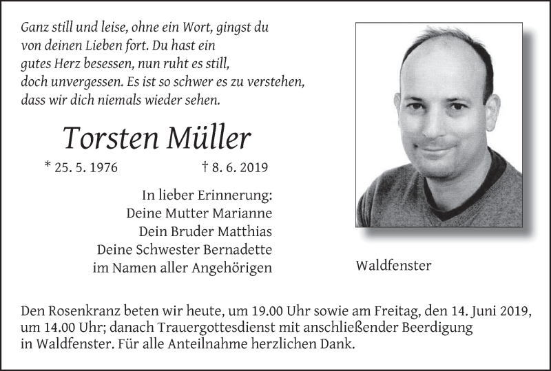  Traueranzeige für Torsten Müller vom 13.06.2019 aus MGO