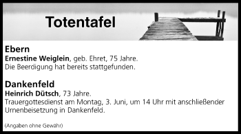 Anzeige von Totentafel vom 01.06.2019 von MGO