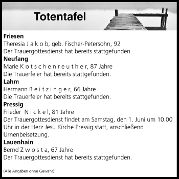 Anzeige von Totentafel vom 01.06.2019 von MGO