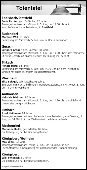 Anzeige von Totentafel vom 04.06.2019 von MGO
