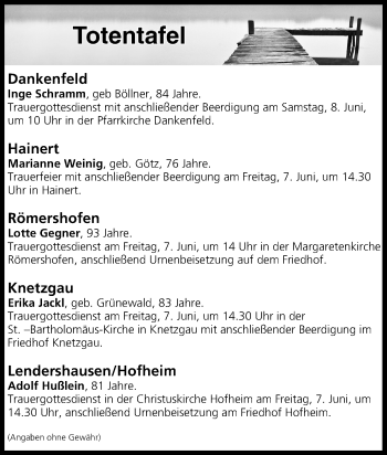Anzeige von Totentafel vom 06.06.2019 von MGO