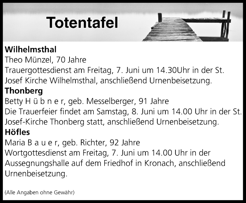  Traueranzeige für Totentafel vom 06.06.2019 vom 06.06.2019 aus MGO