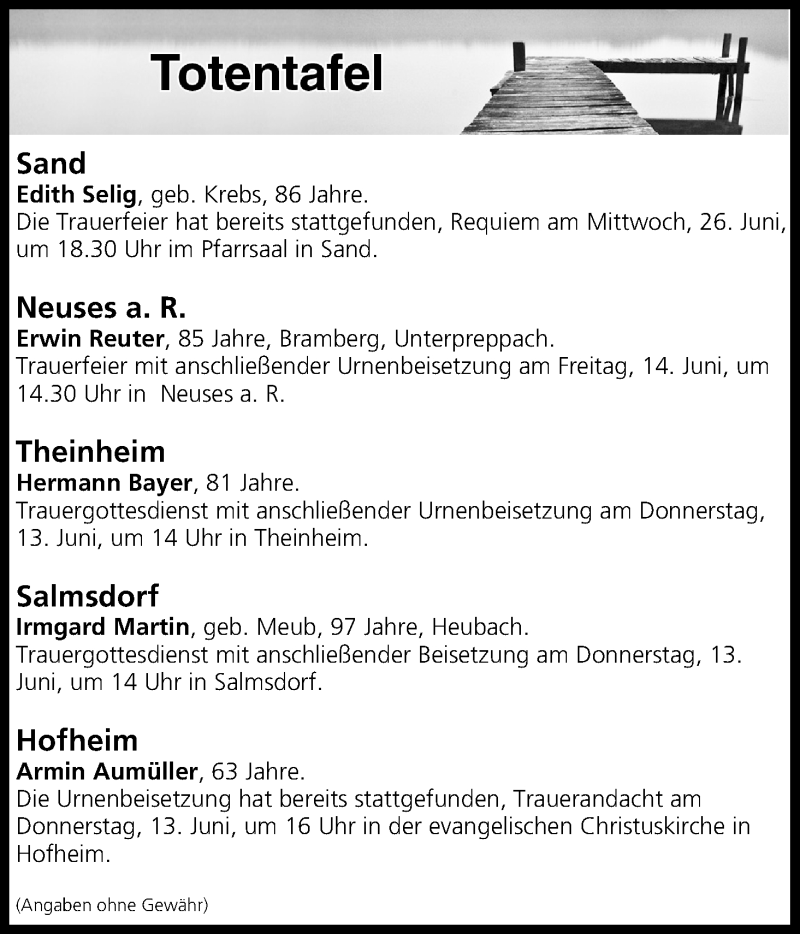 Traueranzeige für Totentafel vom 12.06.2019 vom 12.06.2019 aus MGO
