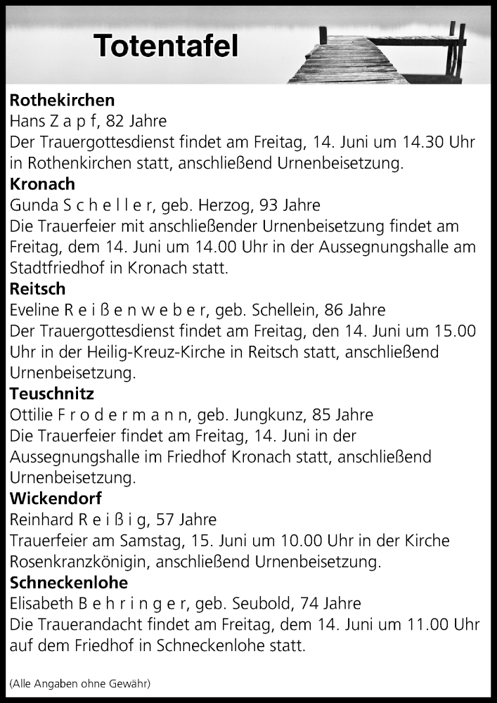  Traueranzeige für Totentafel vom 14.06.2019 vom 14.06.2019 aus MGO