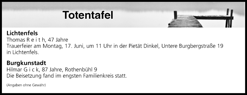  Traueranzeige für Totentafel vom 15.06.2019 vom 15.06.2019 aus MGO
