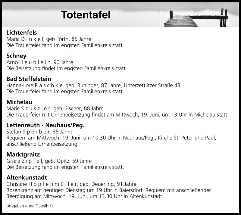  Traueranzeige für Totentafel vom 18.06.2019 vom 18.06.2019 aus MGO