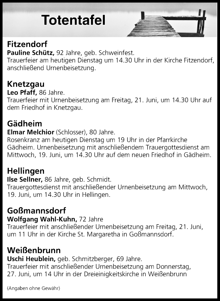  Traueranzeige für Totentafel vom 18.06.2019 vom 18.06.2019 aus MGO