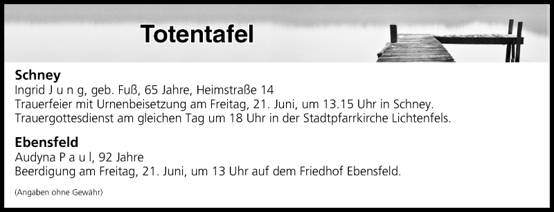  Traueranzeige für Totentafel vom 19.06.2019 vom 19.06.2019 aus MGO