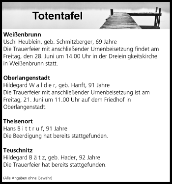 Anzeige von Totentafel vom 19.06.2019 von MGO