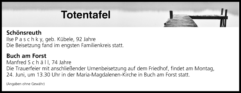  Traueranzeige für Totentafel vom 22.06.2019 vom 22.06.2019 aus MGO