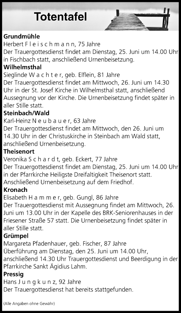  Traueranzeige für Totentafel vom 25.06.2019 vom 25.06.2019 aus MGO