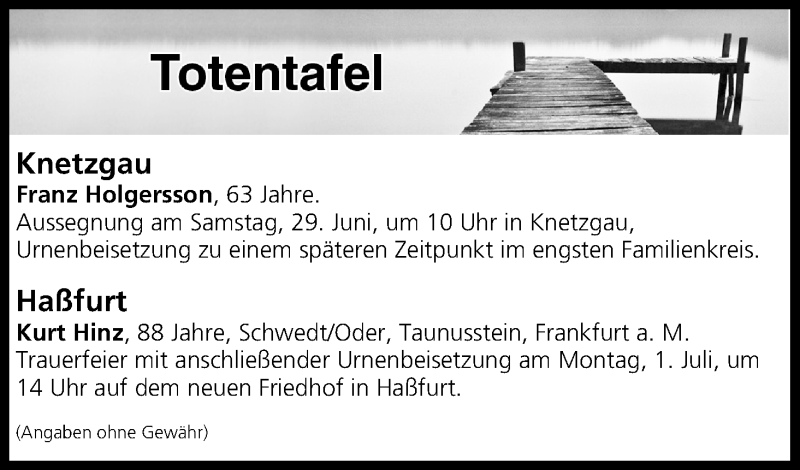  Traueranzeige für Totentafel vom 28.06.2019 vom 28.06.2019 aus MGO