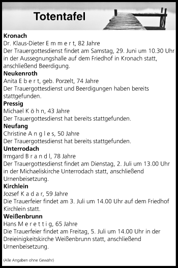 Anzeige von Totentafel vom 29.06.2019 von MGO