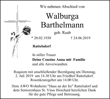 Anzeige von Walburga Barthelmann von MGO