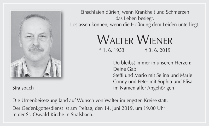  Traueranzeige für Walter Wiener vom 12.06.2019 aus MGO