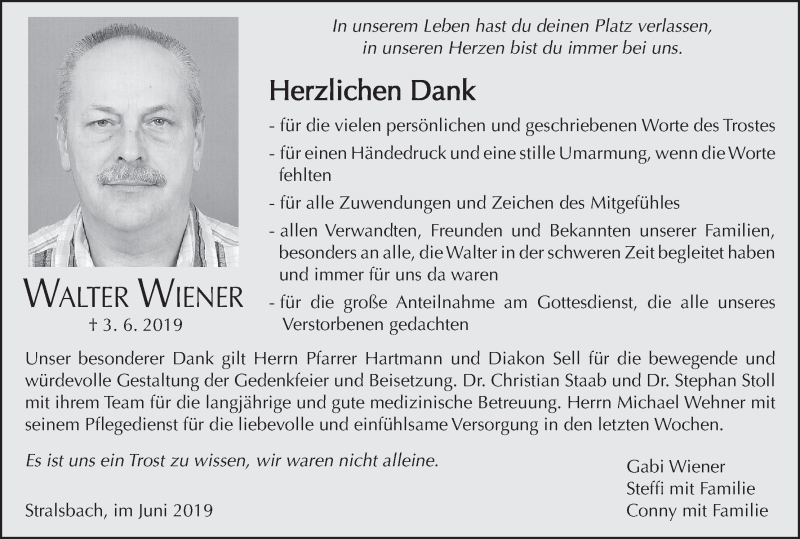  Traueranzeige für Walter Wiener vom 22.06.2019 aus MGO