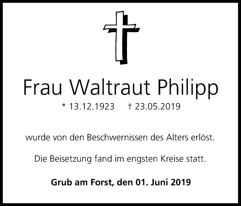  Traueranzeige für Waltraut Philipp vom 01.06.2019 aus MGO