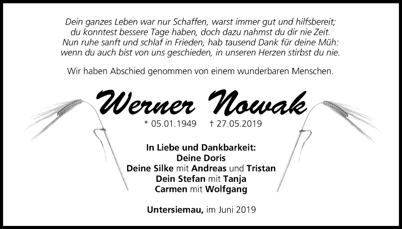  Traueranzeige für Werner Nowak vom 05.06.2019 aus MGO