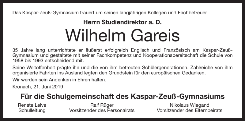  Traueranzeige für Wilhelm Gareis vom 24.06.2019 aus MGO