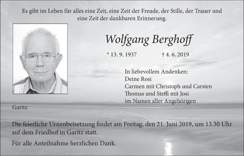  Traueranzeige für Wolfgang Berghoff vom 15.06.2019 aus MGO