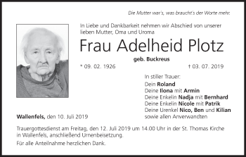 Anzeige von Adelheid Plotz von MGO