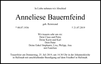 Anzeige von Anneliese Bauernfeind von MGO