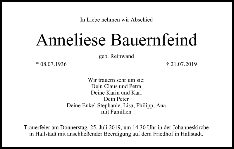  Traueranzeige für Anneliese Bauernfeind vom 24.07.2019 aus MGO