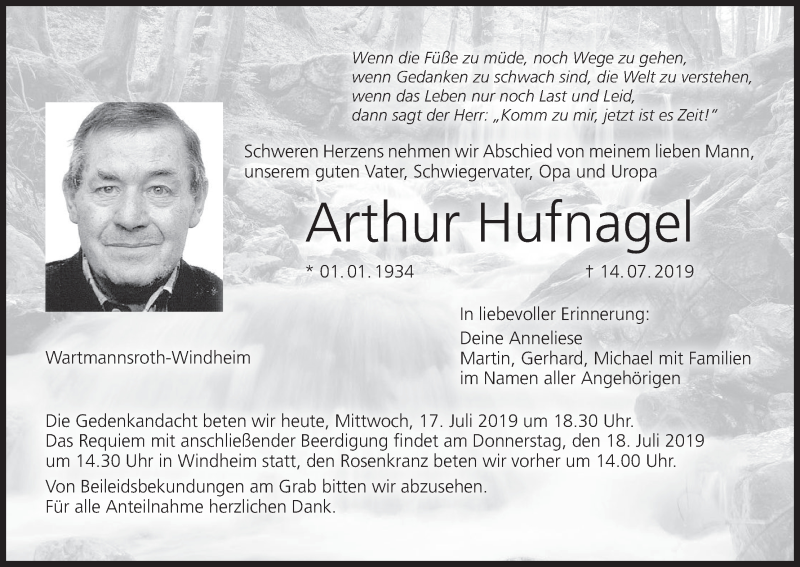  Traueranzeige für Arthur Hufnagel vom 17.07.2019 aus MGO