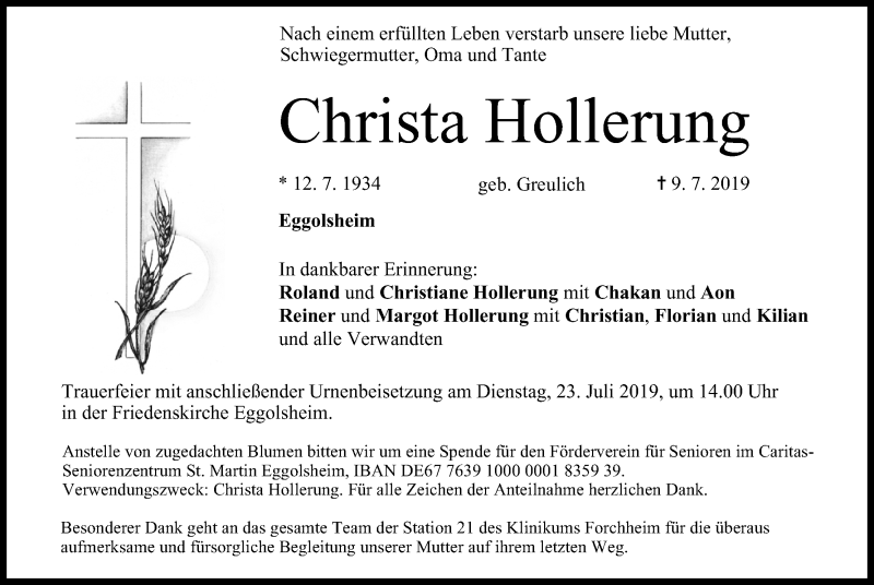 Traueranzeige für Christa Hollerung vom 20.07.2019 aus MGO