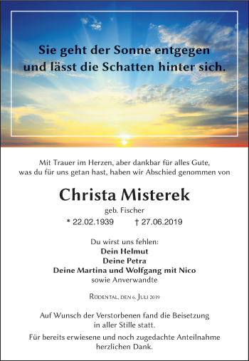 Anzeige von Christa Misterek von MGO