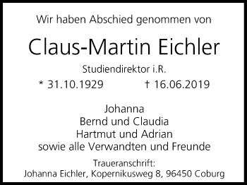 Anzeige von Claus-Martin Eichler von MGO