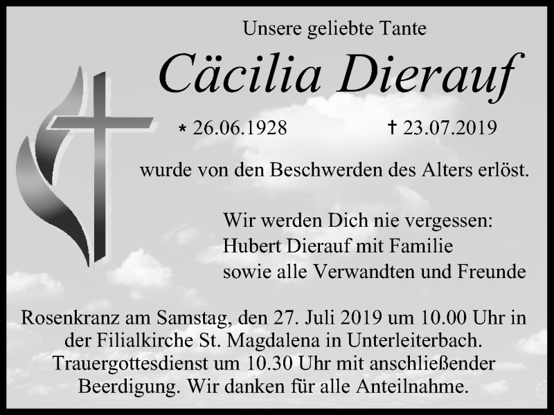  Traueranzeige für Cäcilia Dierauf vom 25.07.2019 aus MGO