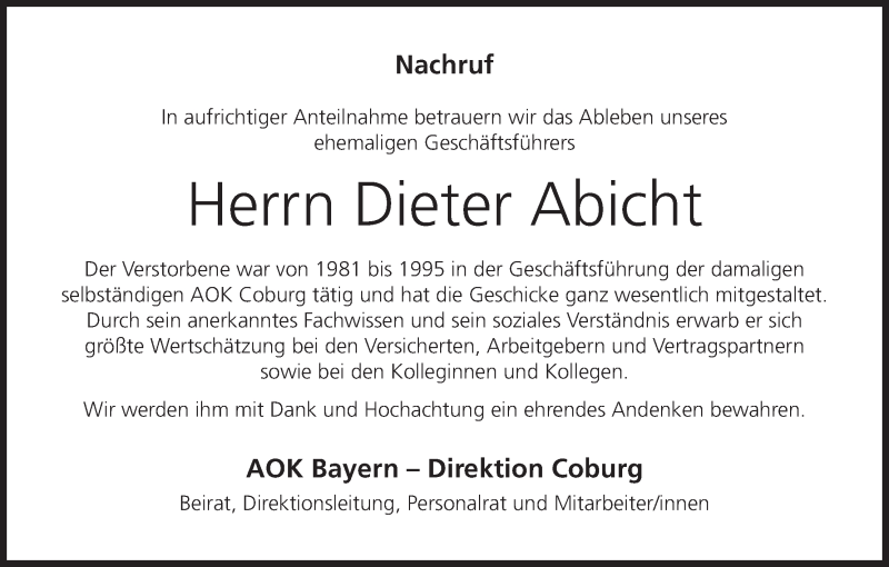  Traueranzeige für Dieter Abicht vom 24.07.2019 aus MGO