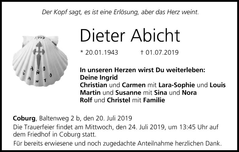  Traueranzeige für Dieter Abicht vom 20.07.2019 aus MGO