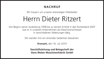 Anzeige von Dieter Ritzert von MGO