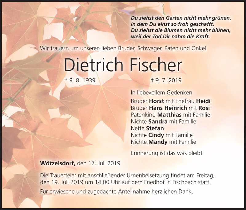 Traueranzeige für Dietrich Fischer vom 17.07.2019 aus MGO