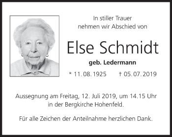Anzeige von Else Schmidt von MGO