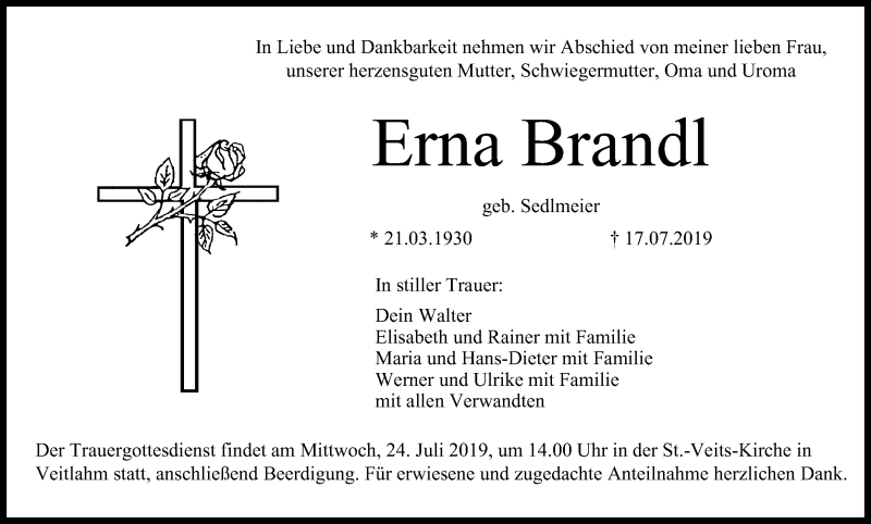  Traueranzeige für Erna Brandl vom 20.07.2019 aus MGO