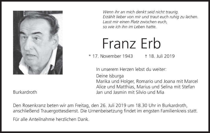  Traueranzeige für Franz Erb vom 23.07.2019 aus MGO