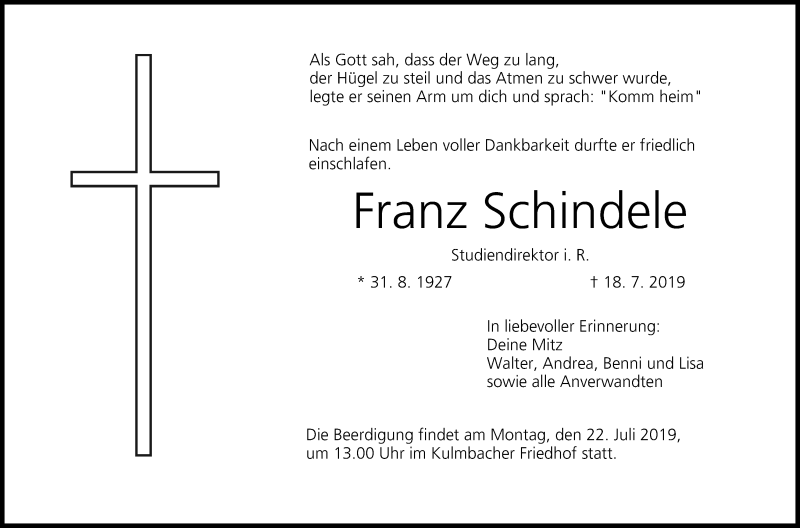  Traueranzeige für Franz Schindele vom 20.07.2019 aus MGO