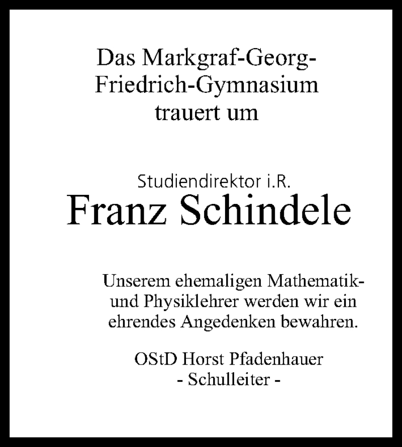  Traueranzeige für Franz Schindele vom 23.07.2019 aus MGO
