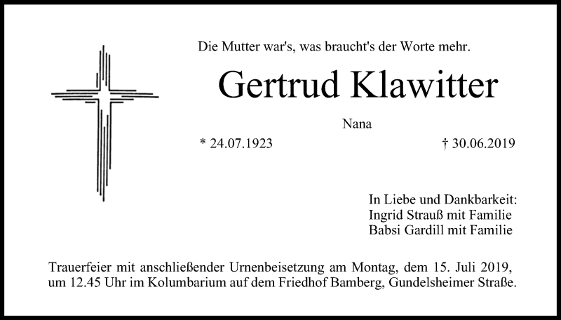  Traueranzeige für Gertrud Klawitter vom 13.07.2019 aus MGO