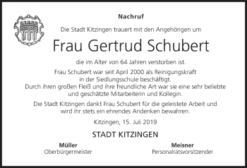 Anzeige von Gertrud Schubert von MGO