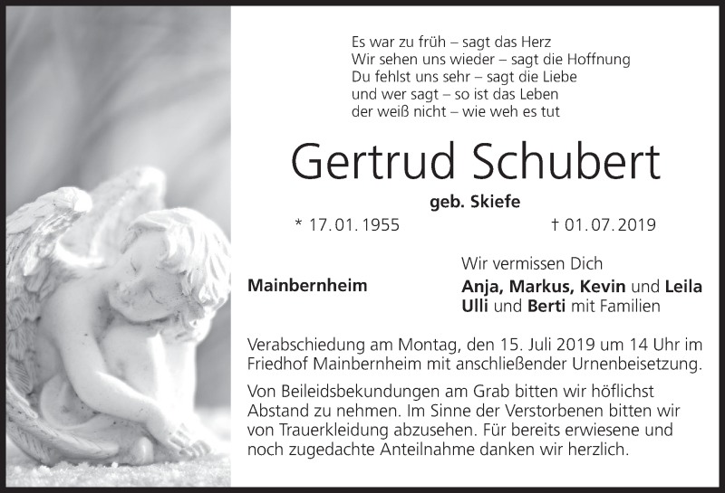  Traueranzeige für Gertrud Schubert vom 13.07.2019 aus MGO
