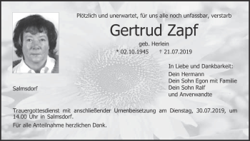 Anzeige von Gertrud Zapf von MGO