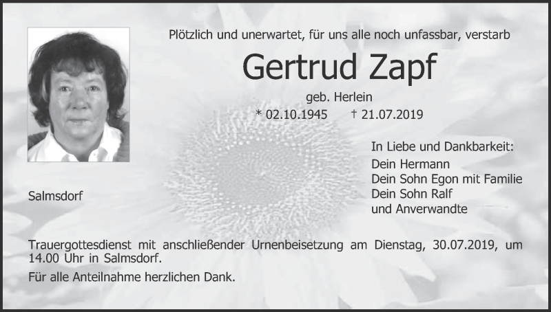  Traueranzeige für Gertrud Zapf vom 27.07.2019 aus MGO