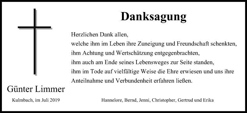 Traueranzeige für Günter Limmer vom 13.07.2019 aus MGO